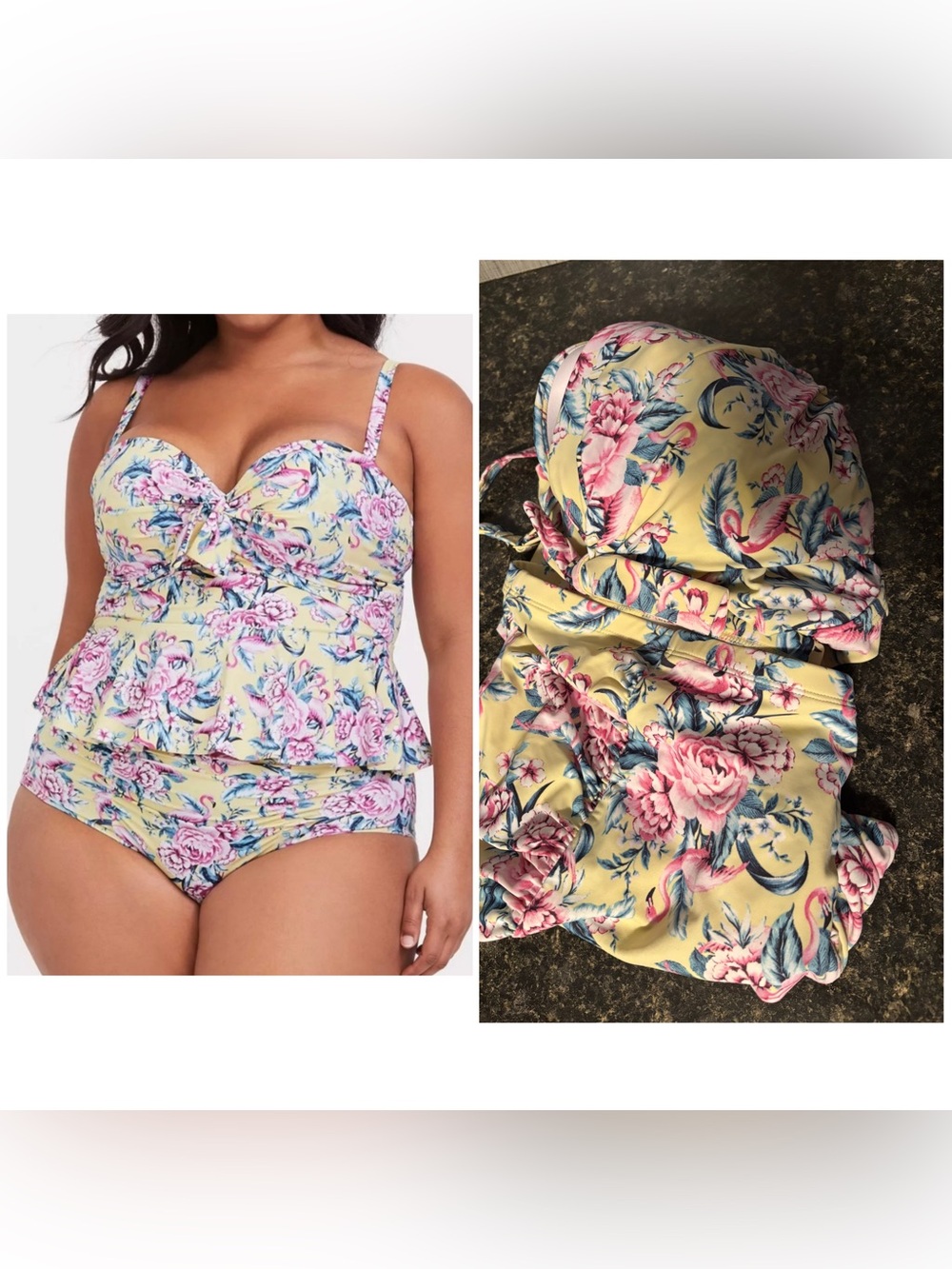 Torrid Floral Yellow and Pink Ruffle Two-Piece Swimsuit